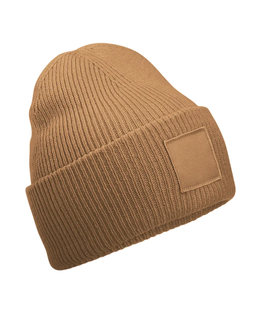 Deep-cuffed tonal patch beanie – Biscuit