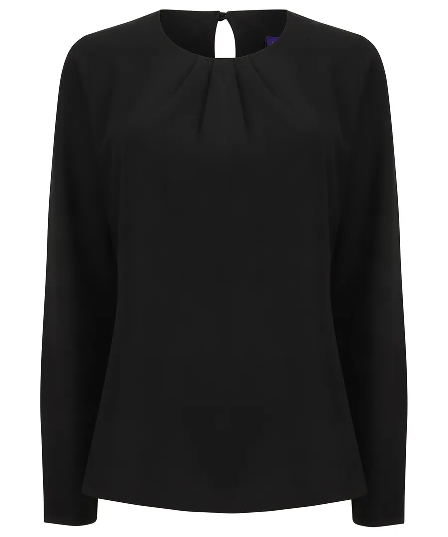 Women's pleat front long sleeve blouse – Black