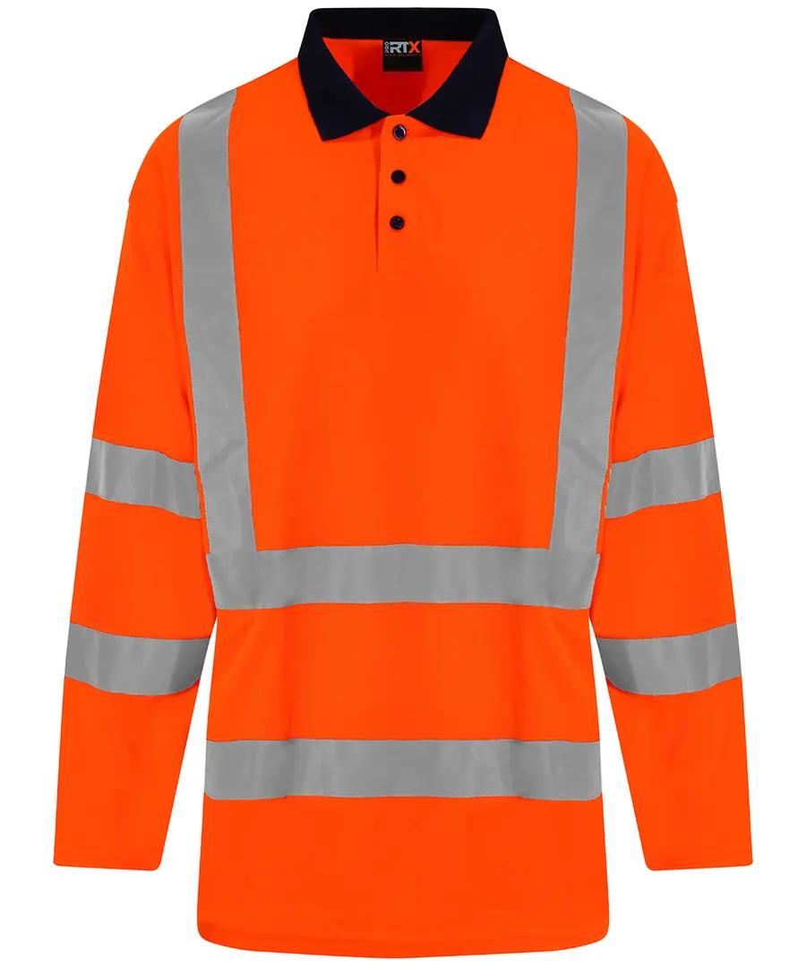 High visibility long sleeve polo – HV Orange/Navy