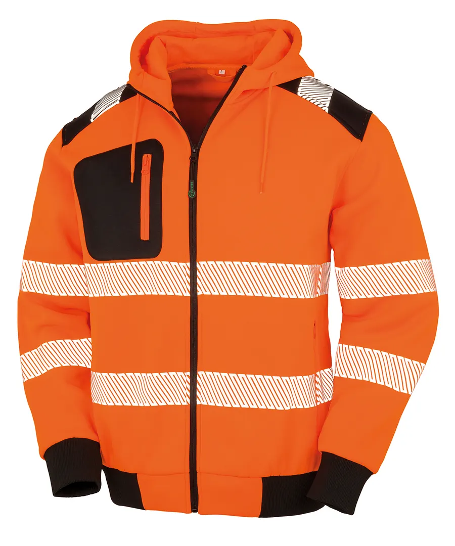 Recycled robust zipped safety hoodie – Fluorescent Orange/Black