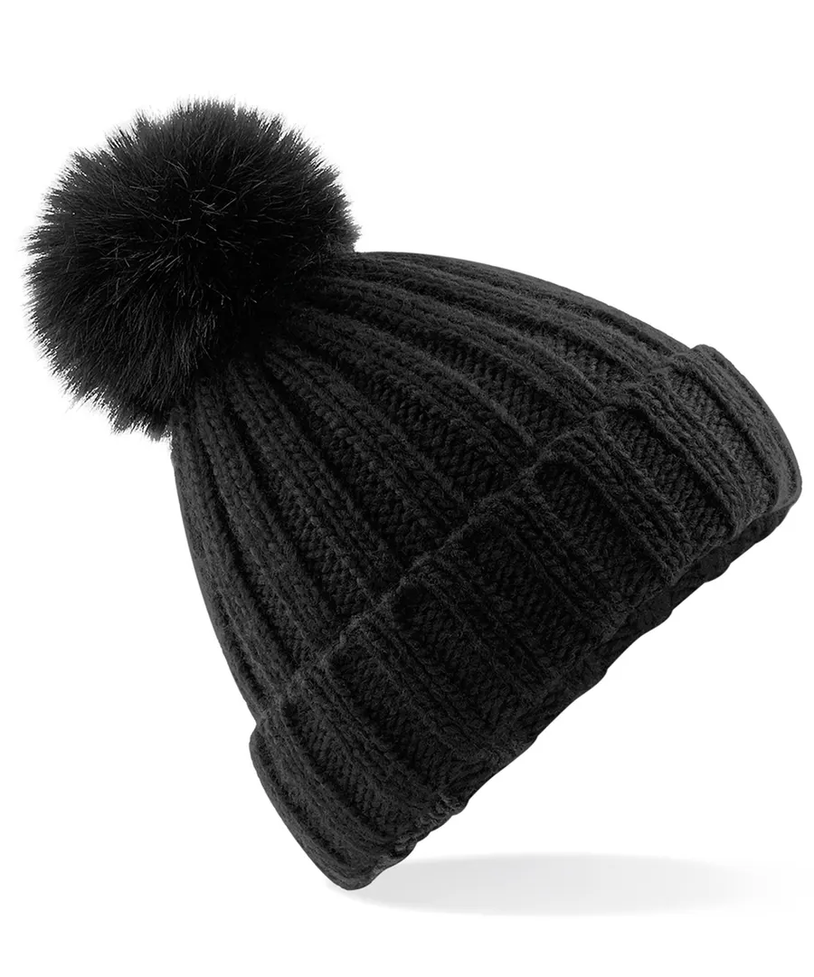 Verbier fur pop pom chunky beanie – Black