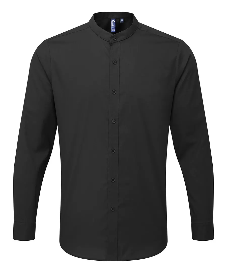 Banded collar grandad long sleeve shirt – Black