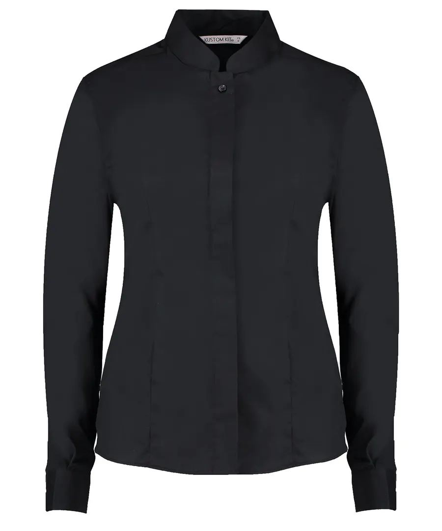 Women's mandarin collar shirt long-sleeved (tailored fit) – Black