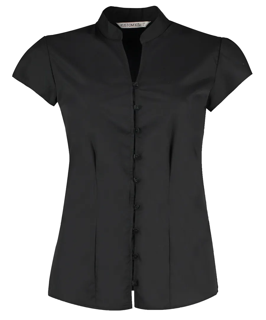 Women's continental blouse mandarin collar cap sleeve (tailored fit) – Black