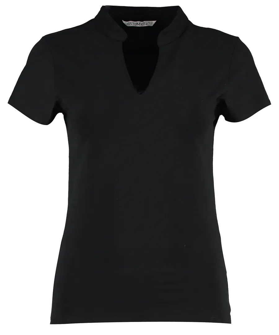 Women's corporate short-sleeved top v-neck mandarin collar (regular fit) – Black