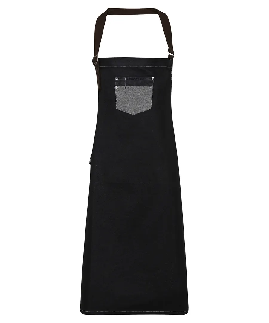 Division waxed-look denim bib apron with faux leather – Black Denim