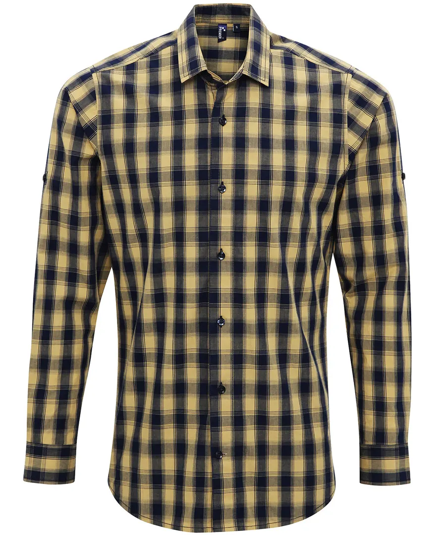 Mulligan check cotton long sleeve shirt – Camel/Navy