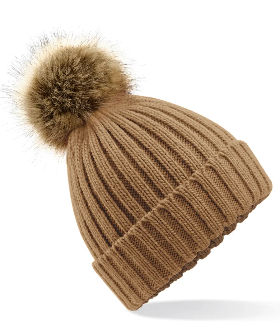 Fur pop pom chunky beanie – Biscuit