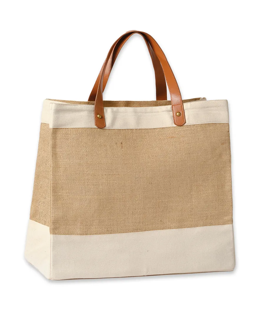 Adley jute with faux leather tote – Natural/Tan