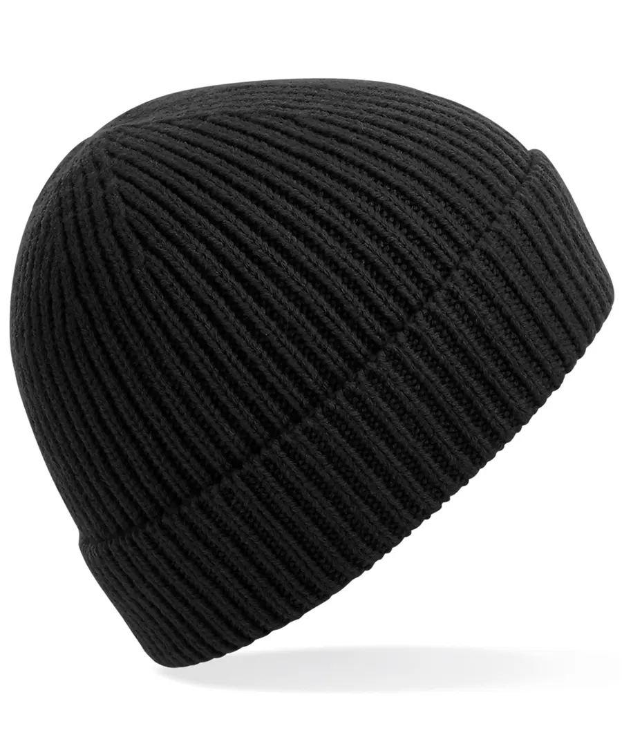 Engineered knit ribbed beanie – Black
