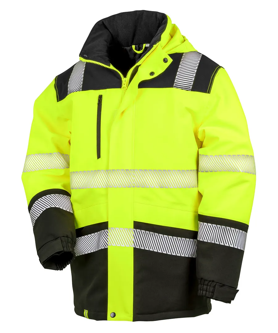 Printable softshell safety coat – Fluorescent Yellow/Black