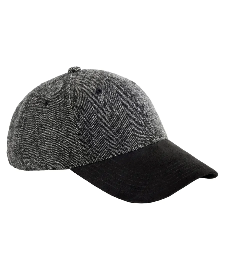 Suede peak herringbone cap – Black Herringbone