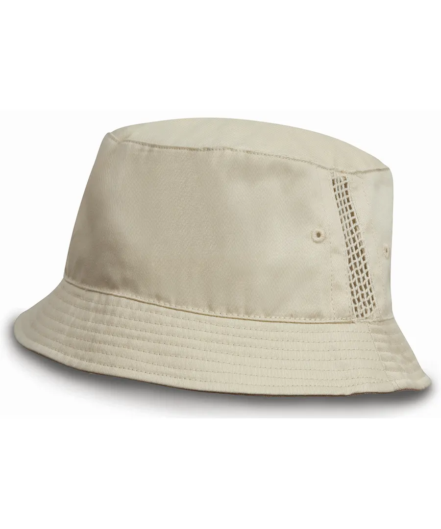 Deluxe washed cotton bucket hat with side mesh panels – Natural